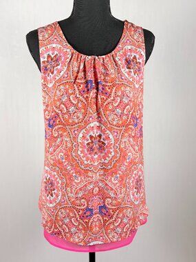 Rose & Olive | Paisley Sleeveless Blouse | Large | Coral Pink Aqua Sheer